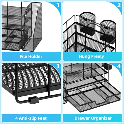 Marbrasse Desk Organizer and Accessories，4-Tier Paper Letter Tray Organizer with File Holder, Desk Accessories & Workspace Organizers with Drawer and 2 Pen Holder (Black, 15.4" x 9.1" x 8.3") - color: Black
