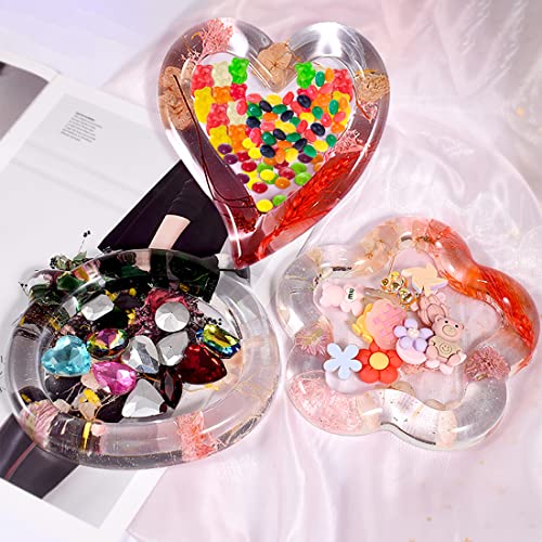 Voyyphixa 3PCS Resin Tray Molds, Heart Coaster Silicone Molds for Epoxy Resin Cat/Flower Shape for Resin Casting DIY Craft Art Candle Holder Home Decoration Ornament Jewelry Dish (3PCS)