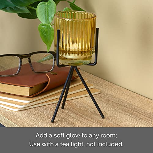Elements 3.94x3.94x6.89 Inch Gold Glass and Black Metal Stand Candleholder, for Use with a Wax or Flameless Tealight Candle