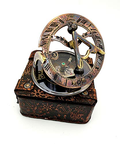Nautical Brass Handmade Sundial Compass with Leather Box | Portable Pocket Friendly Vintage Working Compass for Home Décor, Collectors, and Gift Giving | Antique Maritime Compass Gift - color: Style 3