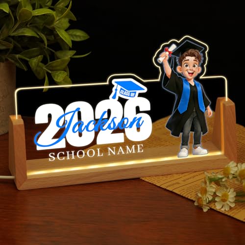 Custom Name Plate for Desk, Personalized Light Up Acrylic Desk Name Plate, Personalized Graduation Gifts 2026 for Him Her, Class of 2026 Graduate Gift, High School College Grad Gift (Design17-Graduation Boy) - color: Design17-Graduation Boy