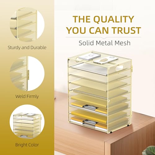 DALTACK 9-Tier Paper Organizer for Desk, Mesh Letter Tray Desk Organizer with Handles, Space-Saving File Organizer for Office Home School, Gold - color: Desk Organizer Gold