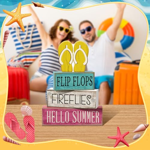 Yuntau 4 Pcs Summer Table Decorations Wooden Sign Flip Flops Table Centerpiece Summer Tiered Tray Decor Decorative Faux Book Stack Block for Coffee Fireplace Mantel Floating Shelf Hawaii - style: Flip Flops