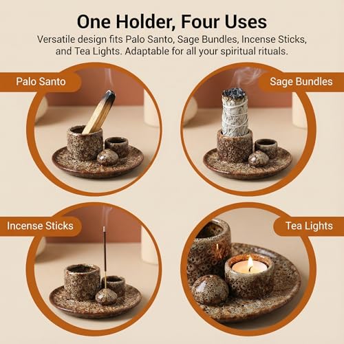 Palo Santo Sticks Holder, Multi-Purpose Handmade Ceramic Incense Burner for Palo Santo Incense Sticks, Sage Holder for Burning, Ash Catcher Tray for Meditation Yoga Room-Brown White - color: Brown White