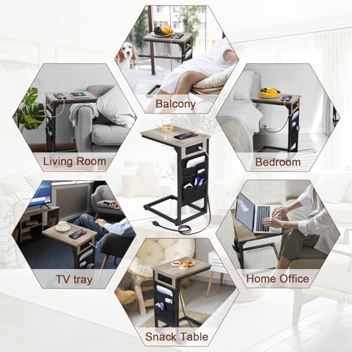 AMHANCIBLE C Shaped End Table with Charging Station, TV Tray Set of 2, Couch Tables with Storage Bag, Slide Under Sofa Side Table with USB Ports and Outlets for Living Room, Grey HET04CGY - color: Grey