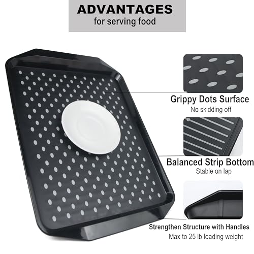 KAQAHIDO Large Non Slip Serving Tray with Grippy Dots, TV Lap Trays for Eating on Couch, Meal Serve for Dinner Breakfast, Rectangular Food Carrying for Plates, Glasses, Dishes, Set of 2, Black - color: Black