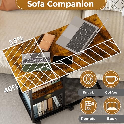 Rolling Coffee Table with Oversized Double-Wide Wood Top, Mobile Tv Tray with Storage Drawer and Wheels for Sofa, Portable Side Table for Living Room, Home Office, Spacious Desk for Working Studying - color: Black, size: 2XL