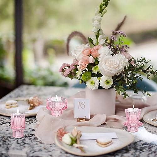 Taper Votive Candle Holder for Pillar Candles Tealight, Candlestick Holder for Wedding Christmas Tea Party, Boho Ribbed Vintage Crystal Glass Table Centerpiece Decor, Bulk Set of 6 (Pink) - color: Pink