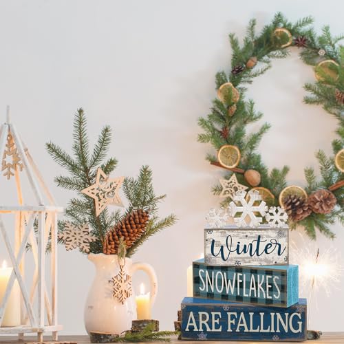 Yuntau 6 Pcs Winter Snowflakes Table Decorations Christmas Snowflake Centerpieces for Tables Winter Tiered Tray Decor Rustic Wood Snow Sign Farmhouse for Wonderland Party Kitchen Shelf Home - style: Snowfake