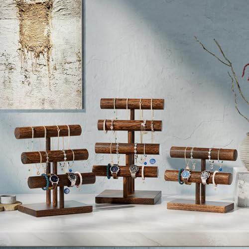 ProCase Bracelet Holder Display Bracelet Organizer, Wooden Bracelet Stand for Selling, T-bar Bangle Storage Rack Wood Watch Display Tower for Business - 3 Tier, Brown - color: Brown, size: 3 Tier