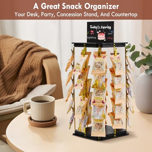 Pinzoveco Chip Rack Display Stand, 5 Tiers 40 Clips Snack Organizer for Office Desk, 360° Rotating Wooden Base Chip Holder Candy Display for Concession Stand, Countertop, Party, With Message Board - color: Black & Gold