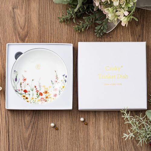 Crisky Initial Jewelry Tray Ring Dish & Gift Box, Ceramic Flower Trinket Dish for Rings Earrings Necklaces Keys, Bridal Shower Engagement Birthday Gift for Women, Friends 4.57" (Gold Foil E - style: Initial E