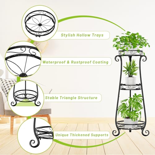 KMOTASUO 3 Tier Metal Plant Stand Indoor, 34 Inch Tall Corner Plant Stands for Indoor Plants, Flower Pot Holder Shelf Display Rack for Balcony Garden Patio Living Room(Black) - color: Black, size: 3 Tier