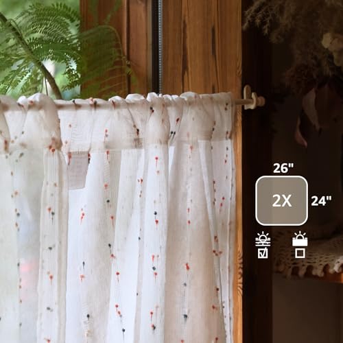 jinchan Semi Sheer Kitchen Curtains for Window 24 Inch Mini Pom-Pom Voile Tier Curtains Light Filtering Small Drapes for Bedroom Living Room Rod Pocket 2 Panels Blush Meadow - color: Dottie Blush Meadow, size: 26"W x 24"L (Pack of 2)