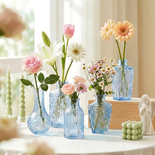 Glass Bud Vases in Bulk Set of 17, Blue Small Mini Vases for Flowers, Vintage Vase for Centepiece,Wedding, Table Decor, Baby Shower, Christmas, Home and Events - color: Blue