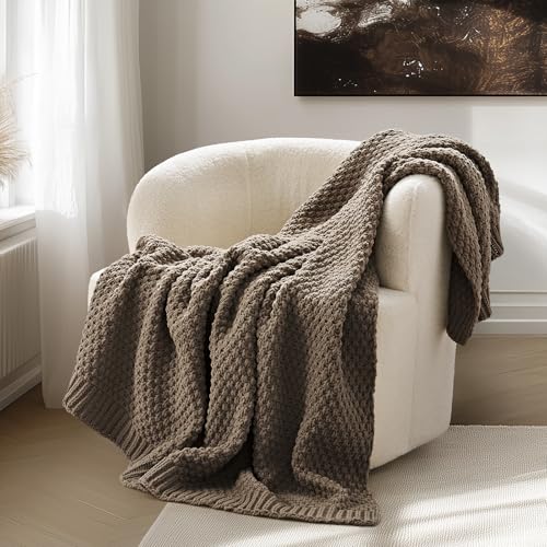 EVERGRACEHOME Chunky Chenille Knit Throw Blanket for Couch, Soft Luxurious Moss Stitch Blankets for Bed, Cozy Decorative Farmhouse Knitted Throws for Sofa, Mocha Brown, 60" x 80" - color: Mocha Brown, size: 60" x 80"