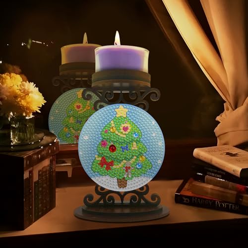 BAYUNOE 2Pcs DIY Candlestick Holders Wooden Desktop Diamond Art Painting Candle Holder Double-Sided Diamond Vintage Modern Decorative for Table Mantel Wedding Dinning Party-02 - color: 2pcs-02