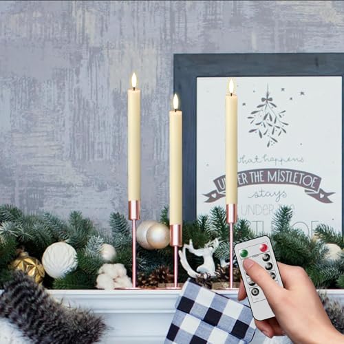 GenSwin Flameless Taper Candles with Remote Timer, Real Wax LED Taper Candles Battery Operated with 3D Flame, 3Pcs Flickering Flamless Candlesticks for Halloween Christmas Decor(Ivory, 0.78” x 9.8”) - color: Ivory