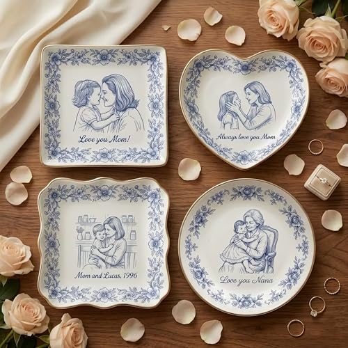 Personalized Heart Jewelry Dish Custom Mom Daughter Sketch Ring Tray Hand-Drawn Floral Ceramic Trinket Bowl Mother's Day Keepsake Unique Birthday Present for Nana Grandma Engraved Vanity Organizer - color: Design 02