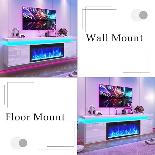 70" Floating Fireplace tv Stand w/ 36" Fireplace Up to 80" TVs,High Gloss LED Fireplaces TV Stand Entertainment Center for 70/75+/80 inch TVs, Modern Media TV Console Cabinet for Living Room - color: White, size: 70" TV Stand with 36" Fireplace