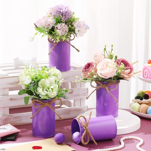 Rustic Vase for Table Centerpieces 4.33 Inch Small Petite Flower Vase with Twine Bow Vintage Farmhouse Decor for Wedding Reception Dining, Home Galvanized Metal Buckets(Purple,12 Pcs) - color: Purple