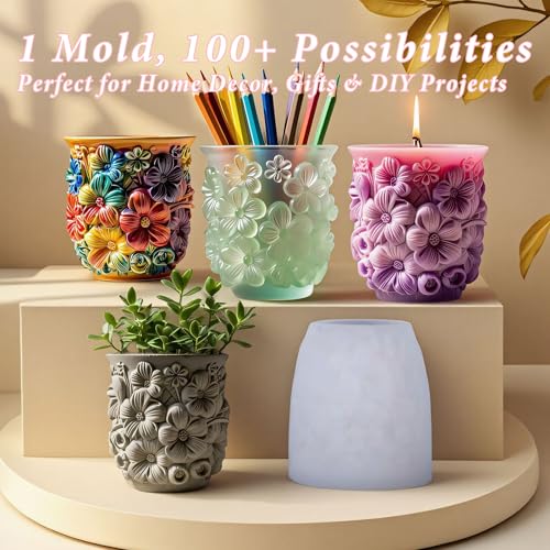 1 Pc Floral Relief Resin Silicone Planter Mold 3D Daisy Flower Concrete Mold for Casting DIY Succulent Pots Vase Home Decor Crafts Candle Holder Handmade Storage Rings Jewelry Storage Box - color: Daisy Resin Mold
