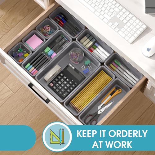 16 PCS Drawer Organizer Set, 4 Size Makeup Drawer Divider Organizer With Non-Slip Pads, Interlocking Plastic Storage Bins for Office,Jewelry Vanity,Gadgets, Bathroom,Kitchen, Grey - color: Grey, size: 16Pack