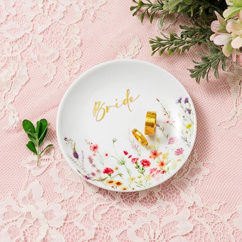 Crisky Bride Jewelry Ring Dish for Bridal Shower Wedding Gifts Engagement Gifts for Bride to Be Bachelorette Bridal Party, Fiance Gifts for Women Floral Trinket Tray - style: Wedding Bride