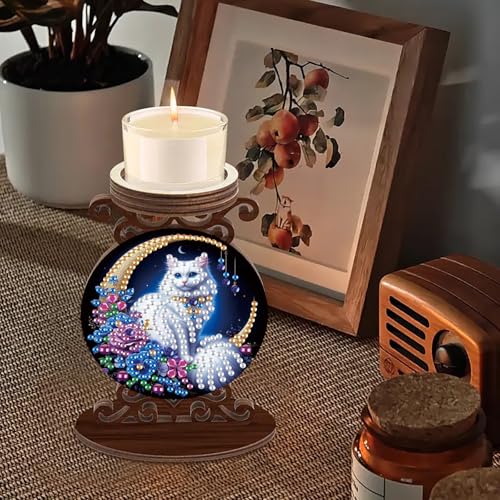 ARTopet DIY Diamond Art Painting Candlestick Holders Wooden Desk Candle Holder Ornament Double Sided Diamond Tabletop Ornaments for Home Decor-White Cat - color: White Cat