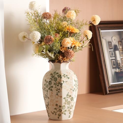 Vintage Ceramic Vase - 9 Inch Hand-Painted Flowers with Ice Crackle Glaze Finish, American Farmhouse Style Pitcher Vase for Home Decor, Centerpiece, Shelf, Table, Office - color: Beige and Green-003