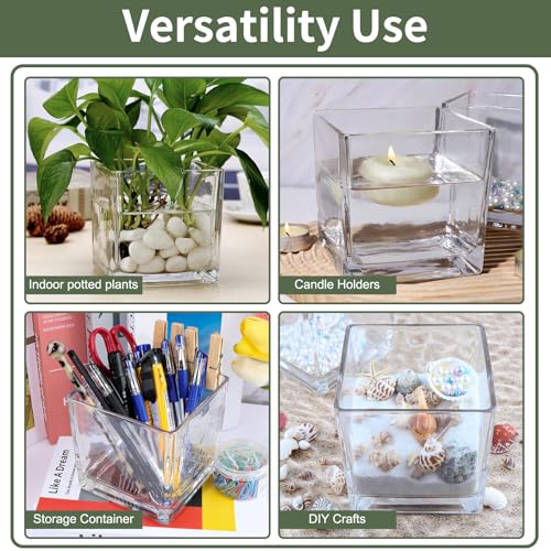 PINIWON 6 Pack Square Glass Vases 5 x 5 x 5 Inch, Clear Cube Flower Vases for Centerpieces, Candle Holders for Wedding Party Home Decor
