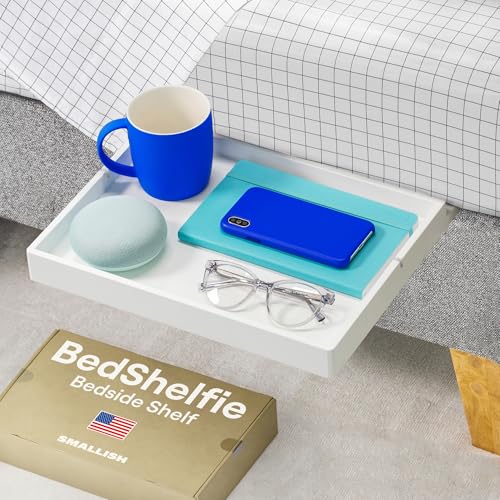 BedShelfie Bedside Shelf for Dorm Room Bunk Bed & Top Bunk, College Dorm Room Essentials, Bedside Caddy, Clip on Floating Desk Tray, Bed Side Table Storage, Loft Nightstand Decor- White Wood Slide - color: White