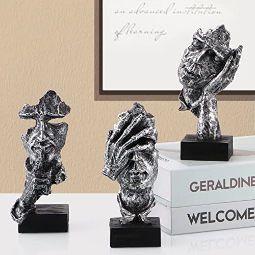 MOLIGOU 3Pcs Thinker Statue, No Hear No See No Speak Abstract Art Figurine, Sculpture Decor for Office, Desktop, Bookshelf (Silver)