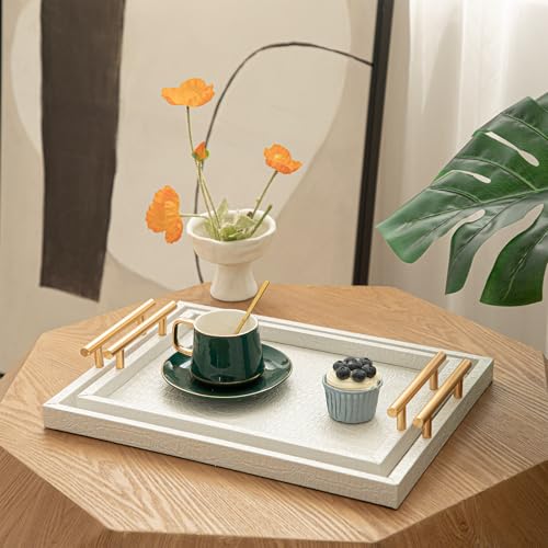 Set of 2 Modern Elegant Large Wood Serving Tray, Rectangle Decorative Tray Ottoman Tay Coffee Table Tray, Pearl White Crocodile Leather with Gold Polished Metal Handles - style: White Crocodile Tray