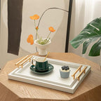 Set of 2 Modern Elegant Large Wood Serving Tray, Rectangle Decorative Tray Ottoman Tay Coffee Table Tray, Pearl White Crocodile Leather with Gold Polished Metal Handles - style: White Crocodile Tray