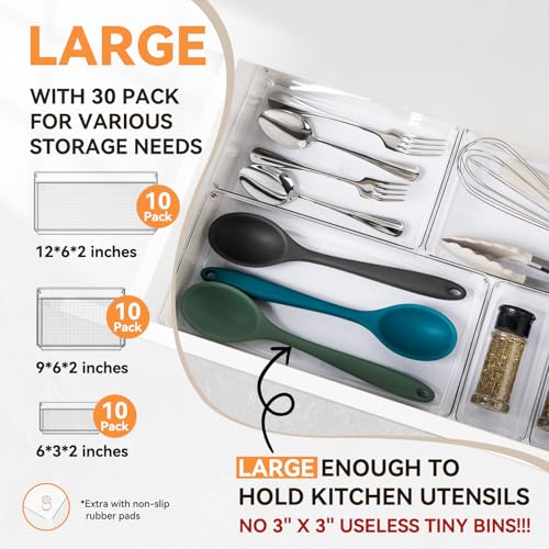 Criusia 30 Pack Large Clear Plastic Drawer Organizer Bins - Acrylic Kitchen Drawer Organization and Storage Dividers for Utensils Gadgets, Office Bathroom and Vanity Organizer for Makeup Accessoires - size: 30 Pack