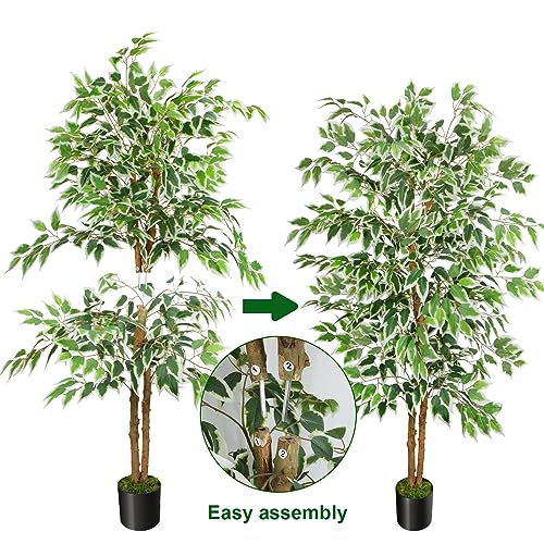 GTIDEA 5ft Ficus Tree Artificial, Tall Fake Tree with Natural Trunk Faux Trees Indoor Silk Ficus Leaves Artificial Trees for Home Decor Indoor Summer Office Living Room Outdoor (Included Dried Moss) - color: 5ft