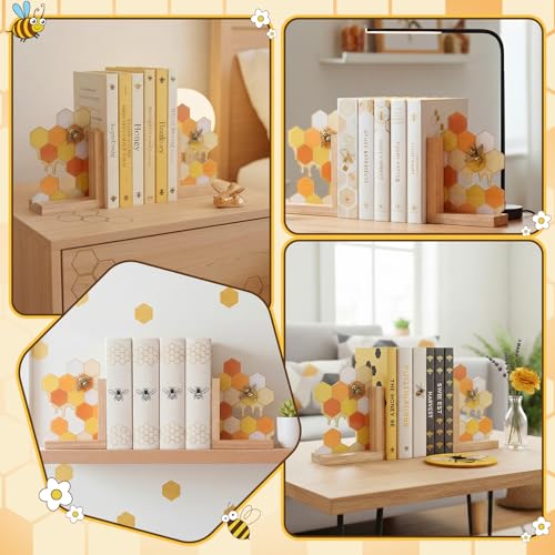 1 Pair Honeycomb Bookends Decorative Wooden Book Ends for Shelves Bookshelf Modern Honey Bookend Stoppers Holder for Office Home Desk Book Lover Gift 9.5 x 6 x 3.5 Inches
