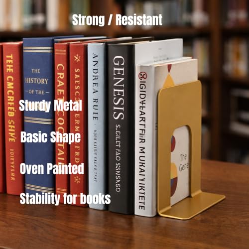 Alessk Dark Matte Gold Metal Bookends for Shelves – Heavy Duty Decorative Bookends for Heavy Books – Modern Book Ends for Office Bookshelf- has 3 Non-Slip Pads at the Bottom – 4 Pairs (8 Pieces) - color: Gold 4 Pairs