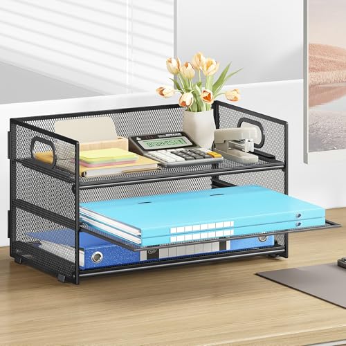 Subekyu 3 Tier Paper Letter Tray Organizer for Desk, Black Metal Mesh Desk File Folder Sorter Organizer with Handle and Sliding Tray for Home, Office, School Supplies Organization Storage - color: Black, size: 12.6" x 9.1" x 8.1"