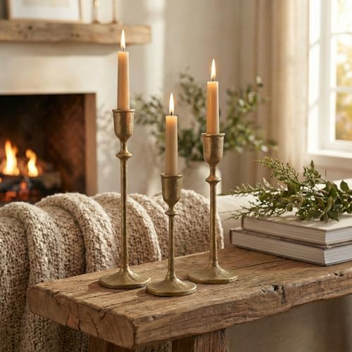 BANOMII Antique Brass Candlestick Holders Set of 3, Cast Iron Taper Candle Holder for Dining Table Centerpiece, Wedding, Fireplace Mantel Decor, Vintage Tall Candle Stands, Christmas Decorations - color: Brass Gold