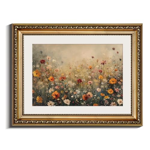 InSimSea Retro Gold Framed Wall Art, Vintage Nature Landscape Flower Wildflower Canvas Print Home Wall Decor, Landscape Farmhouse Decor, Antique Picture Frame Retro Paintings, 11x14 Inch - color: Daisy Flower Sea, size: 14"L x 11"W