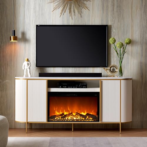 OKD Luxury 70" Fluted Fireplace TV Stand, Modern Chic Entertainment Center for TVs Up to 80 inches, TV Console with Faux Marble Top, Curved Profile Design, Media Console for Living Room, Off White - color: Off White, size: 70" TV Stand with Fireplace