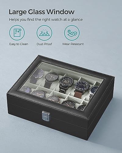 SONGMICS Watch Box, 10-Slot Watch Case Organizer with Large Glass Lid, Removable Pillows, Gift for Loved Ones, Black Synthetic Leather, Gray Lining UJWB010BK - color: Black + Gray, size: 10 Slot