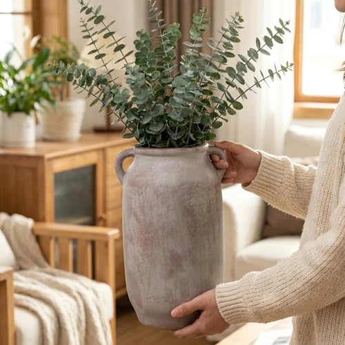 11.5 Inch Tall Ceramic Flower Vase with Handle, Terracotta Farmhouse Rustic Decor | Waterproof Table Centerpiece for Living Room, Kitchen Shelf & Dining Table | Vintage Pottery Home Decoration - size: 11.5inch