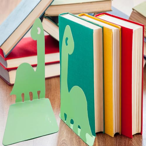 Artkingdome Cartoon Dinosaur Bookends, Book Ends Racks Stand, Nonskid Slip Dino Reading Room Decor, Metal Bookends, Decorative Gift - color: Light Green