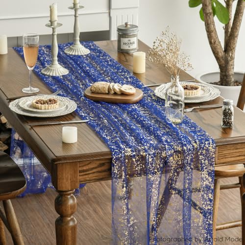 Artoid Mode 3PCS Blue Gold Gauze Table Runner 120 Inch 10FT, Glitter Metallic Foil Sheer Dining Wedding Anniversary Holiday Table Decor for Home Party - color: Blue, size: 28" x 120", 3pc