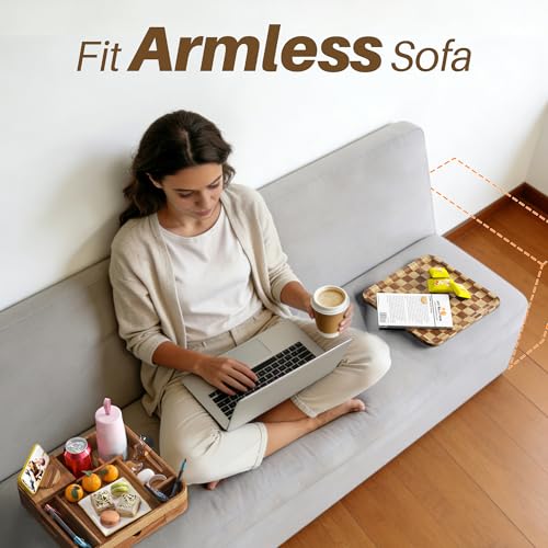 Couch Cup Holder, Checkered Couch Tray Cup Holder Sofa Tray, Acacia Wood Large Capacity 2-Tier Wooden Trays with Drawer for Sofa, Bed, Picnic, Drinks, Snacks, Remote, Cell Phone 12.5 * 12.5 in - color: Acacia Wood + Checkered