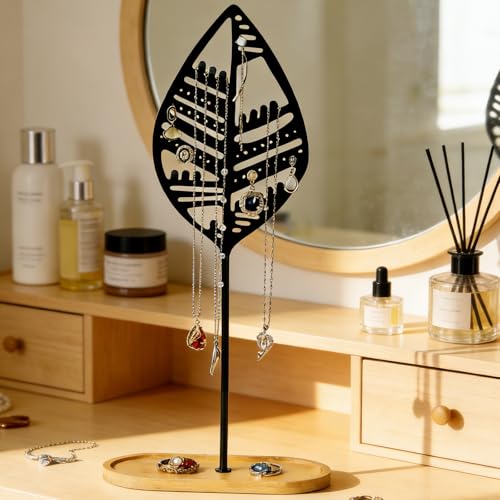 Leaf jewelry storage rack Jewelry Organizer Jewelry Stand Jewelry Holder Organizer, Necklace Organizer with Ring Tray, Sturdy Jewelry Hanger for Necklace - color: B Black