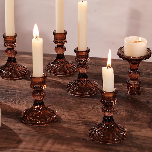 12PCS Amber Candlestick Holders Set- 4" H Taper Candle Holders, Glass Candle Holders Bulk for Wedding, Party, Fall Home Table Centerpieces, Festival Gifts & Windowsill Decor - color: Amber Striped Pattern